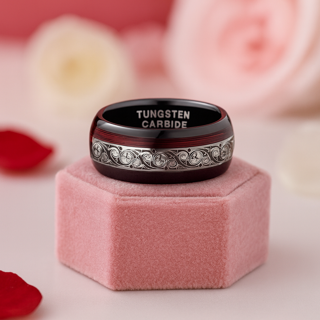 8mm Black Tungsten Wedding Band with Spiral & Red String Inlay-Black Diamonds New York