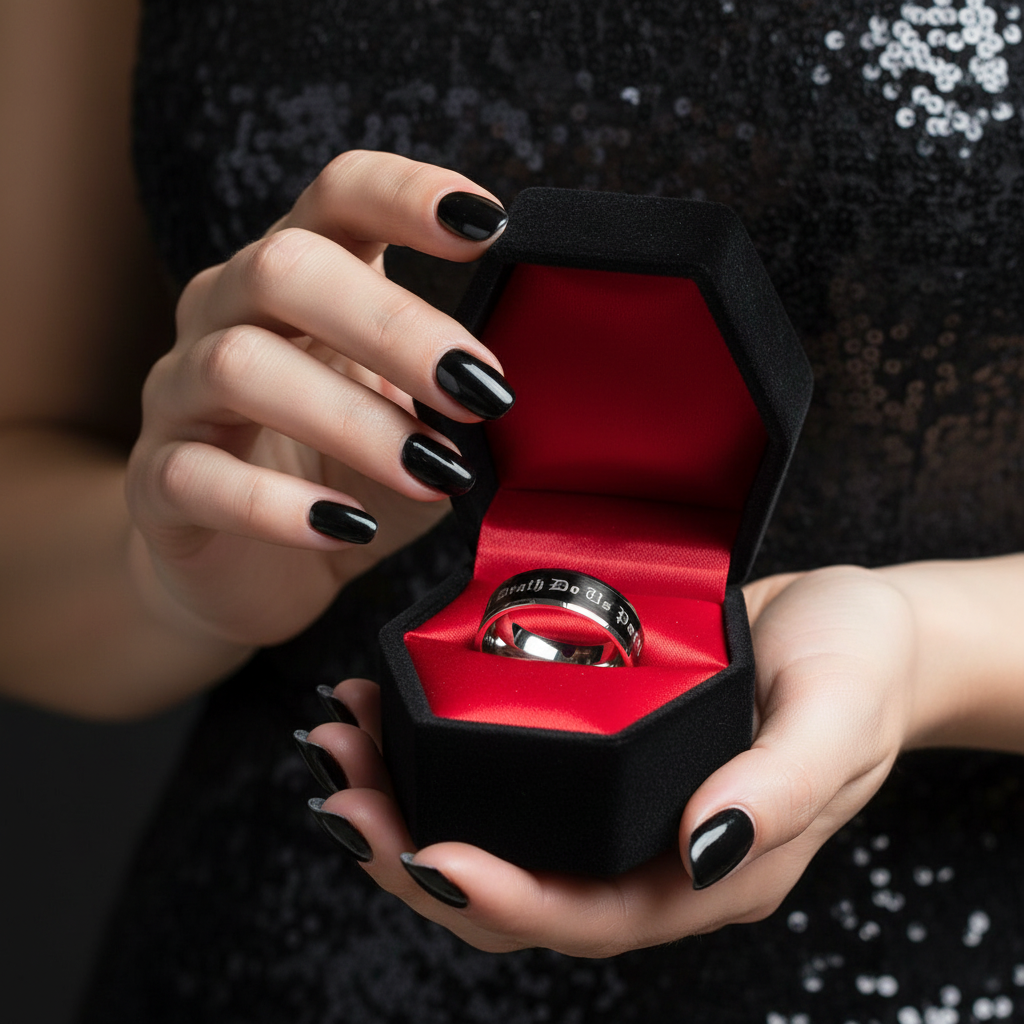 Black ring box with a silver ring held by hands with black nail polish against a dark background.