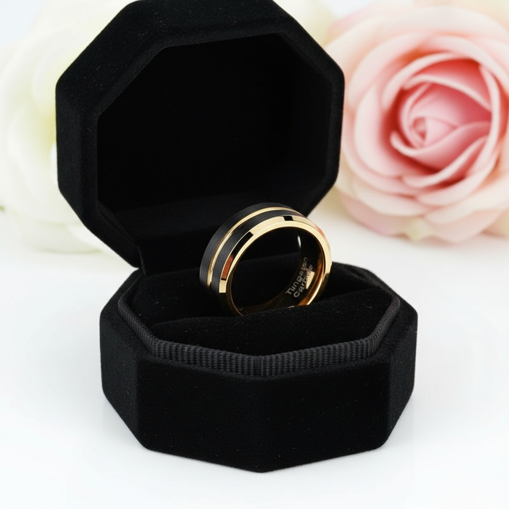 8mm Black and Gold Tungsten Men's Wedding Band-Black Diamonds New York