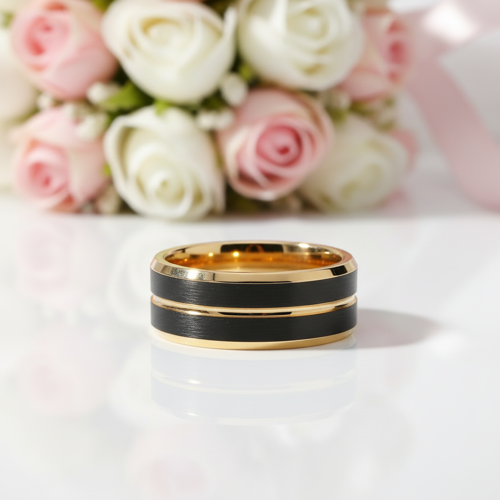 8mm Black and Gold Tungsten Men's Wedding Band-Black Diamonds New York