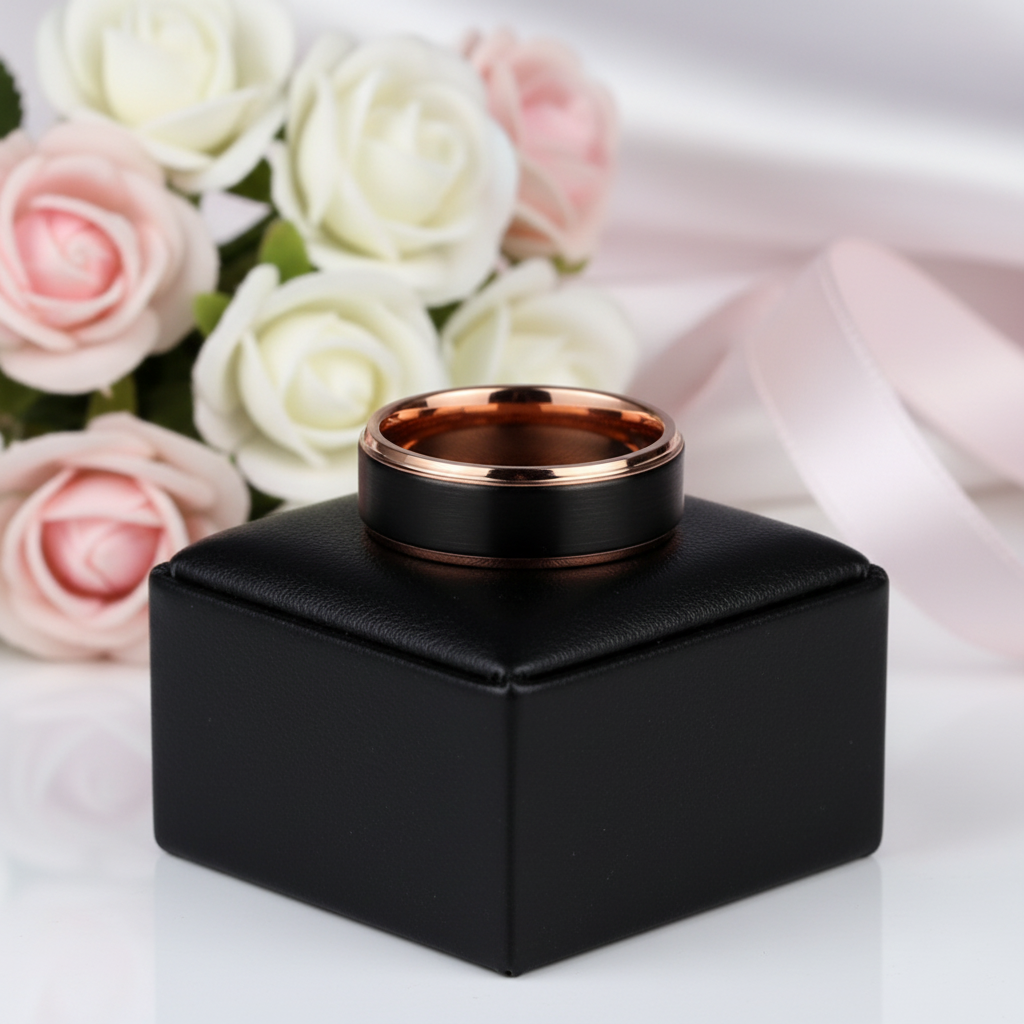 8mm Black and Rose Gold Tungsten Carbide Men's Wedding Ring-Black Diamonds New York