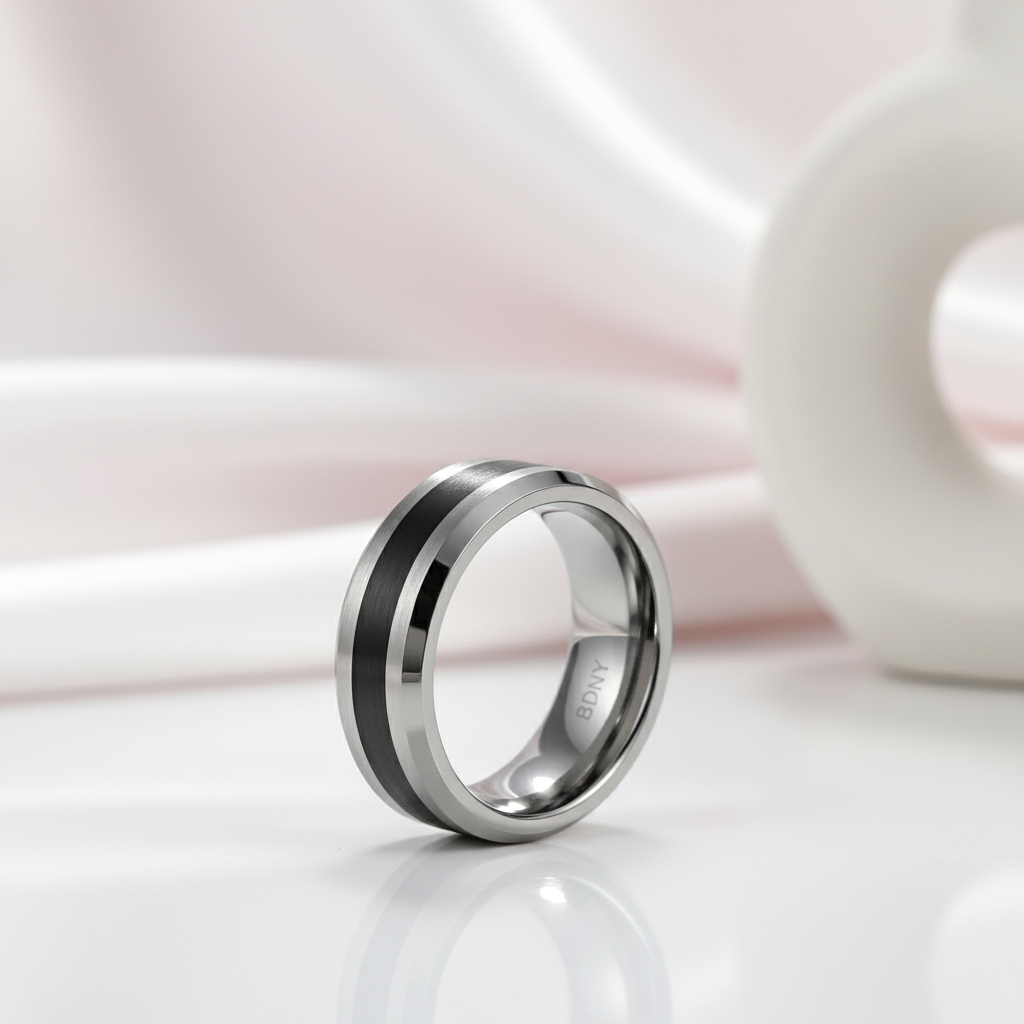 8mm Brushed Finish and Black Center Beveled Edge Ring Band-Black Diamonds New York