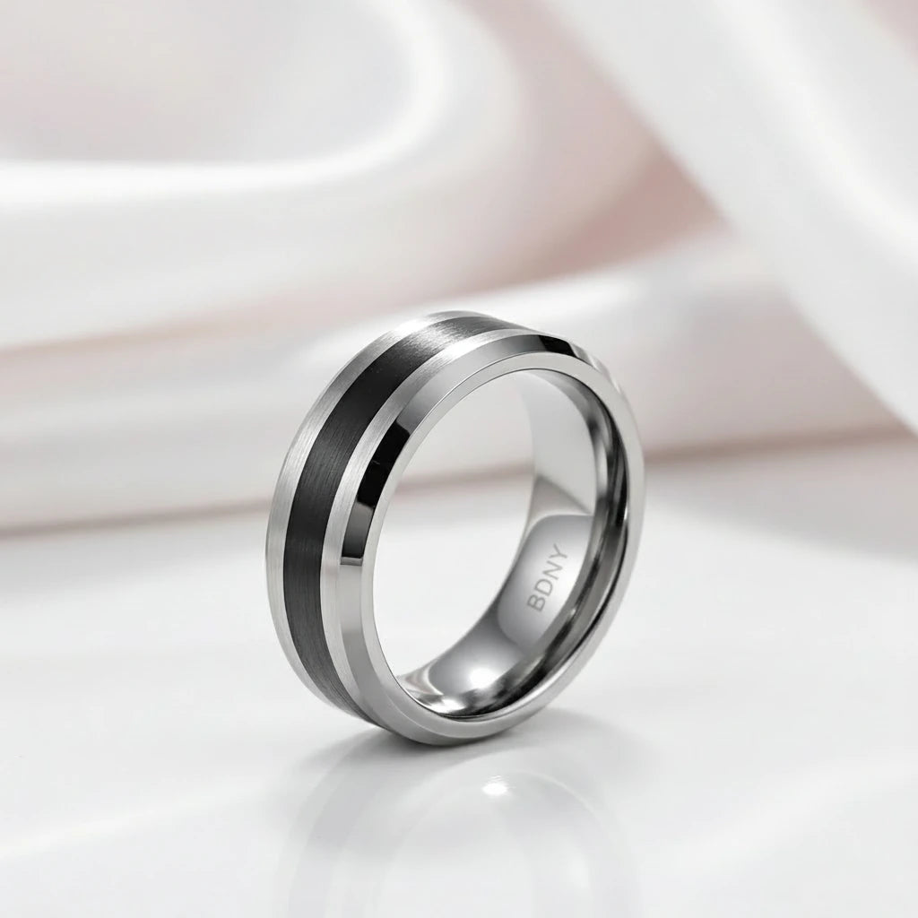 8mm Brushed Finish and Black Center Beveled Edge Ring Band-Black Diamonds New York