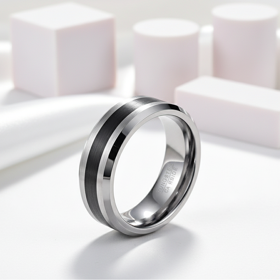 8mm Brushed Finish and Black Center Beveled Edge Ring Band-Black Diamonds New York