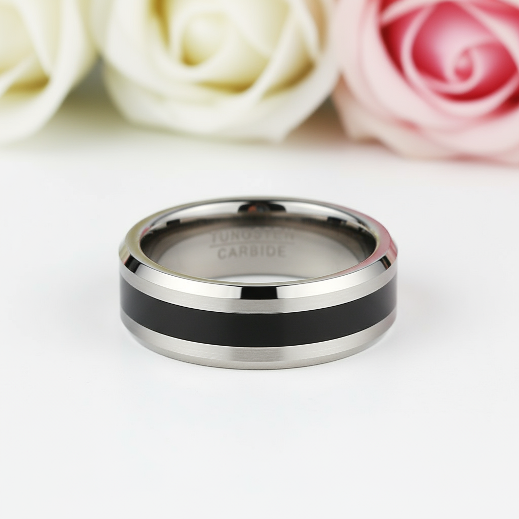 8mm Brushed Finish and Black Center Beveled Edge Ring Band-Black Diamonds New York