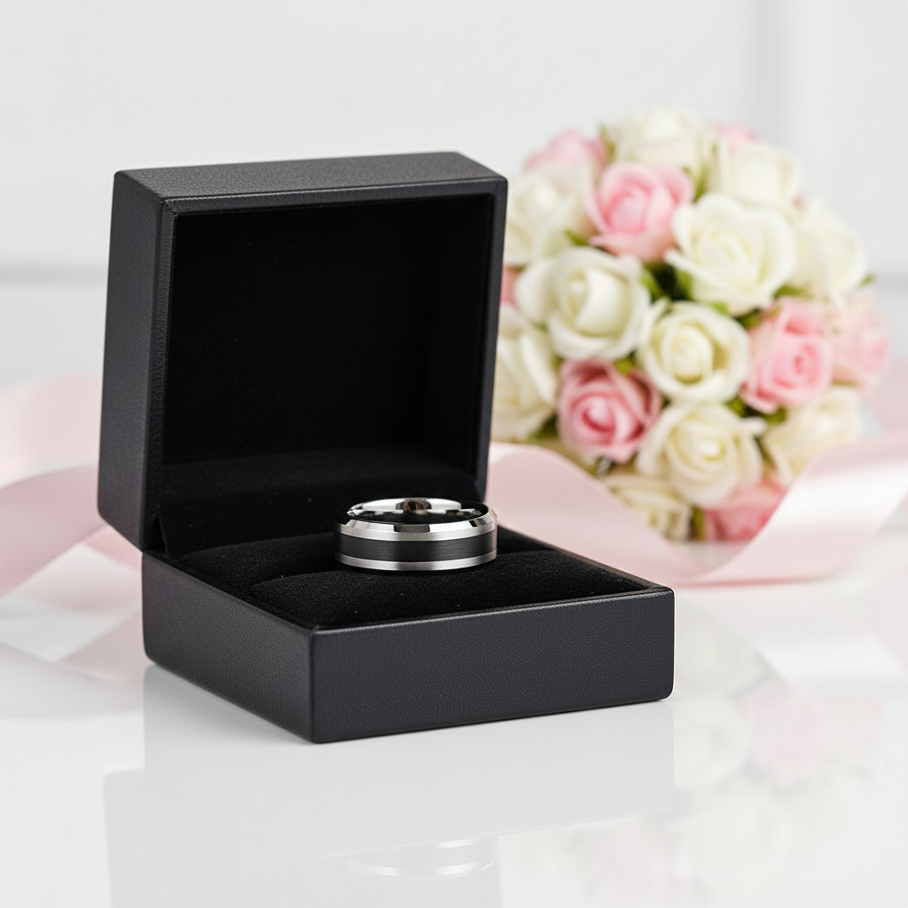 8mm Brushed Finish and Black Center Beveled Edge Ring Band-Black Diamonds New York