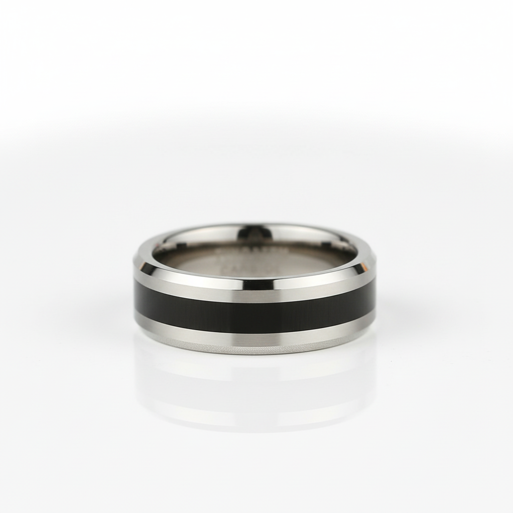 8mm Brushed Finish and Black Center Beveled Edge Ring Band-Black Diamonds New York