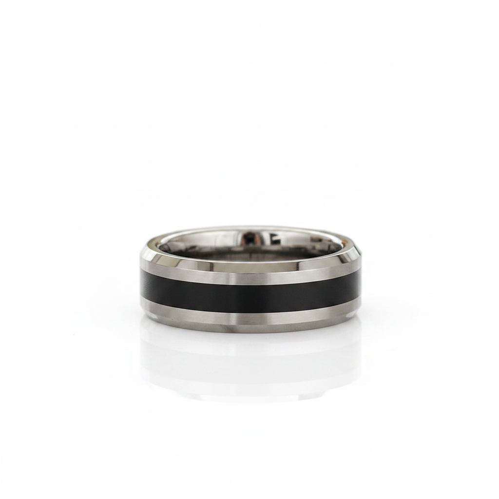 8mm Brushed Finish and Black Center Beveled Edge Ring Band-Black Diamonds New York