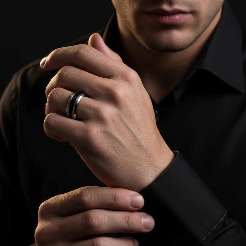 8mm Brushed Finish and Black Center Beveled Edge Ring Band-Black Diamonds New York