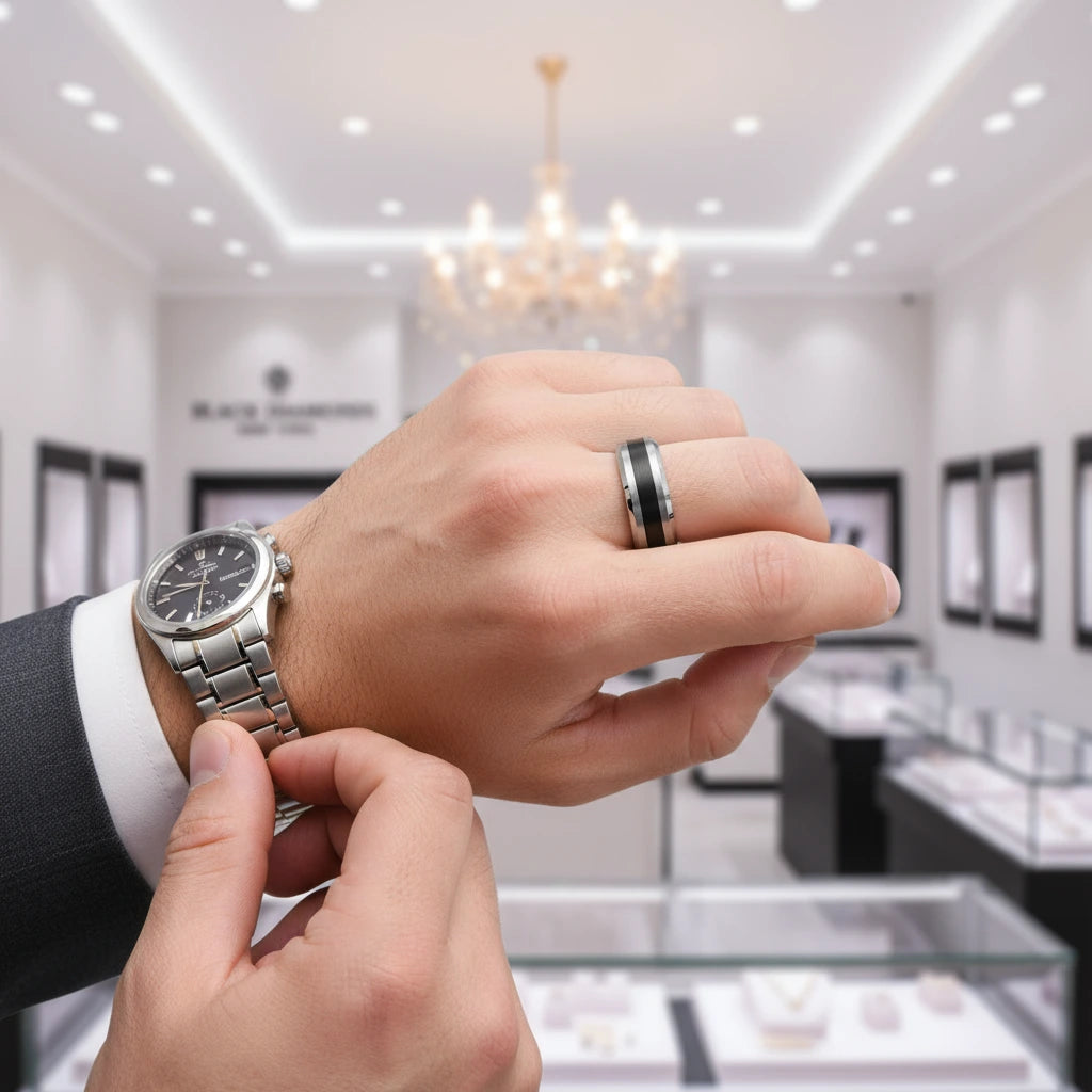 8mm Brushed Finish and Black Center Beveled Edge Ring Band-Black Diamonds New York