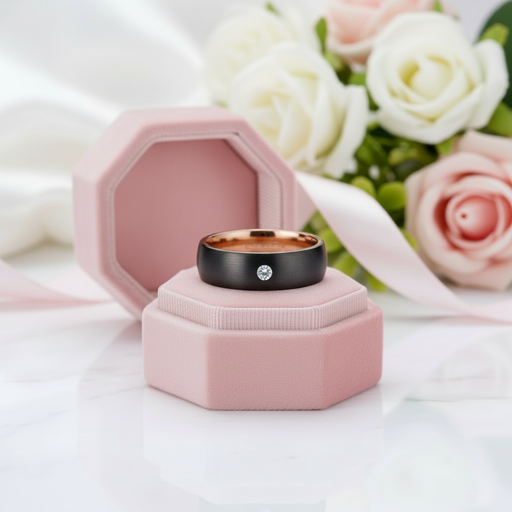 8mm Diamond Option Black Tungsten Wedding Band with Rose Gold Inner Band-Black Diamonds New York