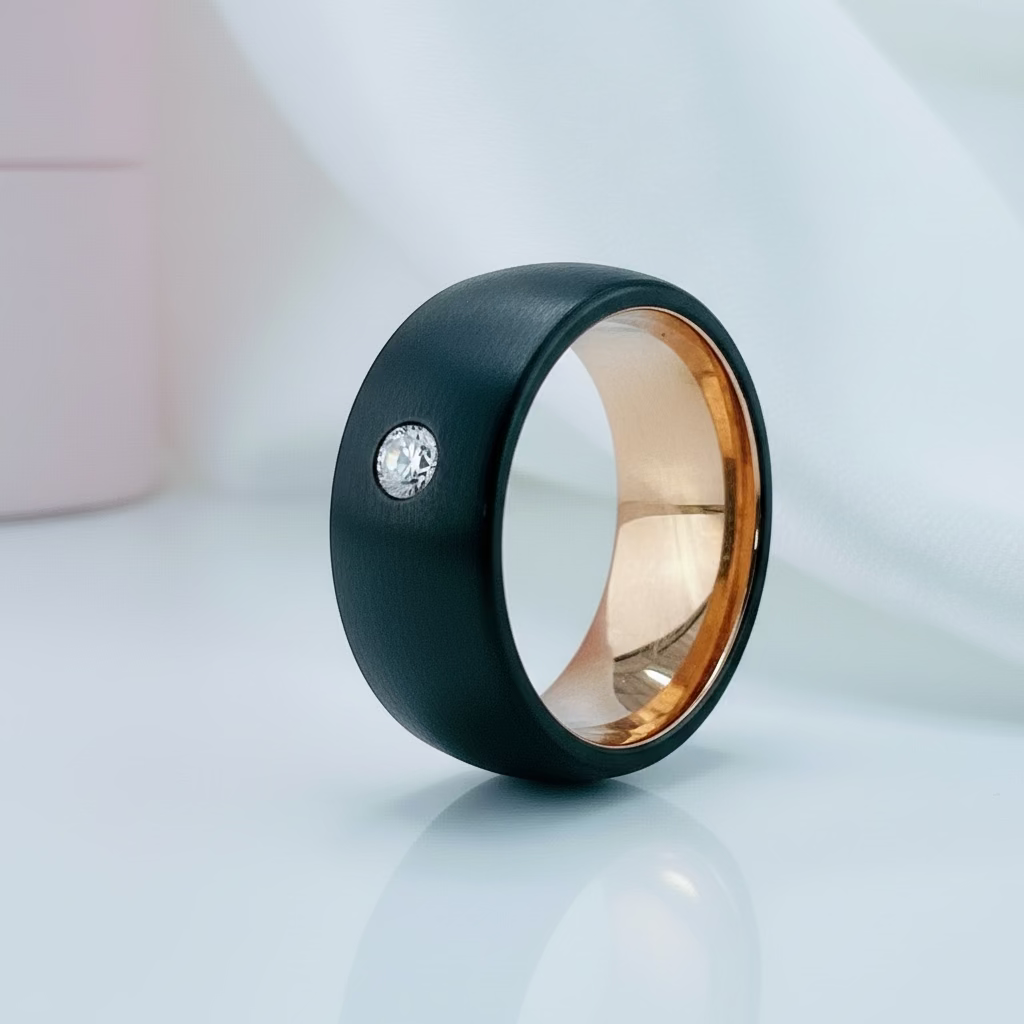 8mm Diamond Option Black Tungsten Wedding Band with Rose Gold Inner Band-Black Diamonds New York