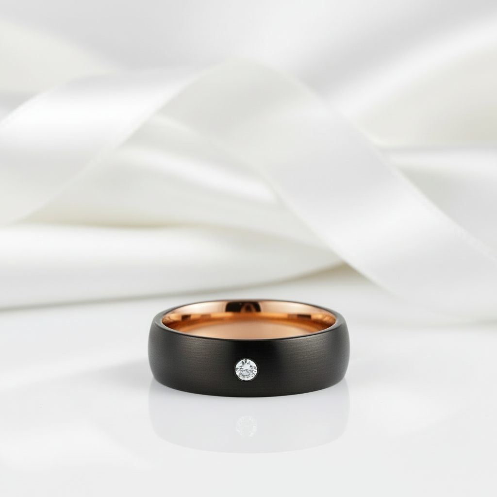 8mm Diamond Option Black Tungsten Wedding Band with Rose Gold Inner Band-Black Diamonds New York