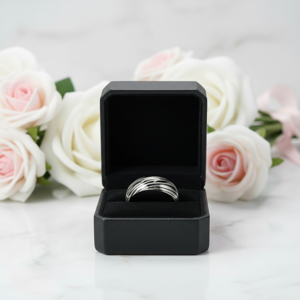 8mm Dome Zebra Pattern Tungsten Carbide Men's Ring-Black Diamonds New York