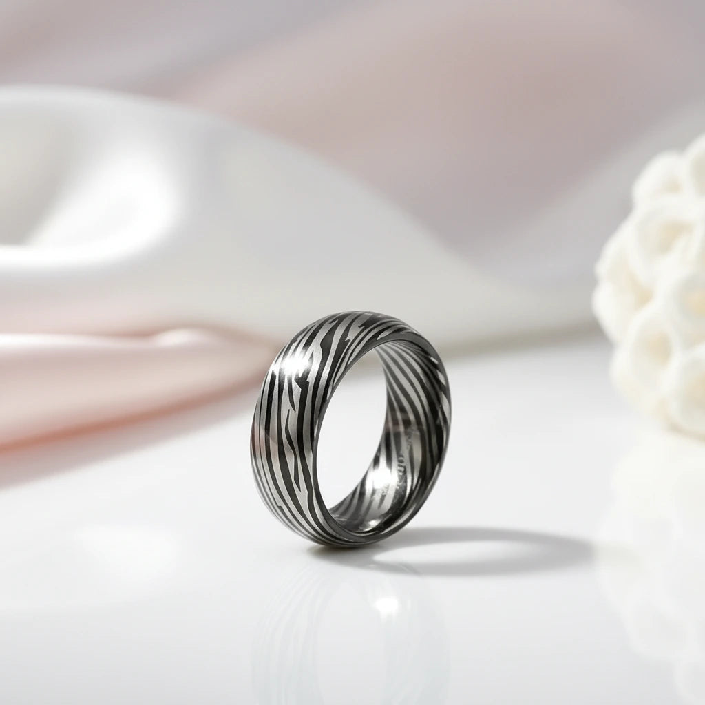 8mm Dome Zebra Pattern Tungsten Carbide Men's Ring-Black Diamonds New York