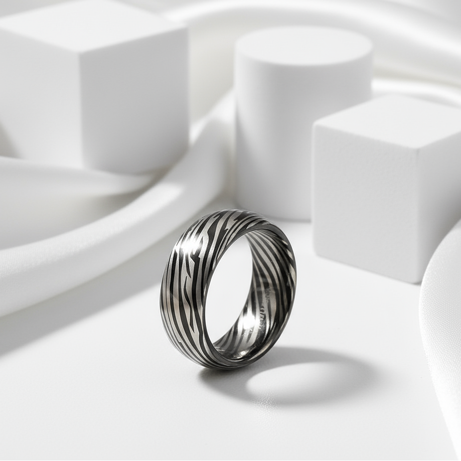 8mm Dome Zebra Pattern Tungsten Carbide Men's Ring-Black Diamonds New York