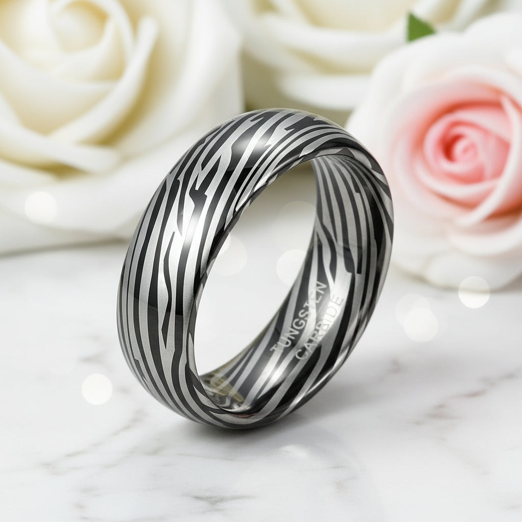 8mm Dome Zebra Pattern Tungsten Carbide Men's Ring-Black Diamonds New York