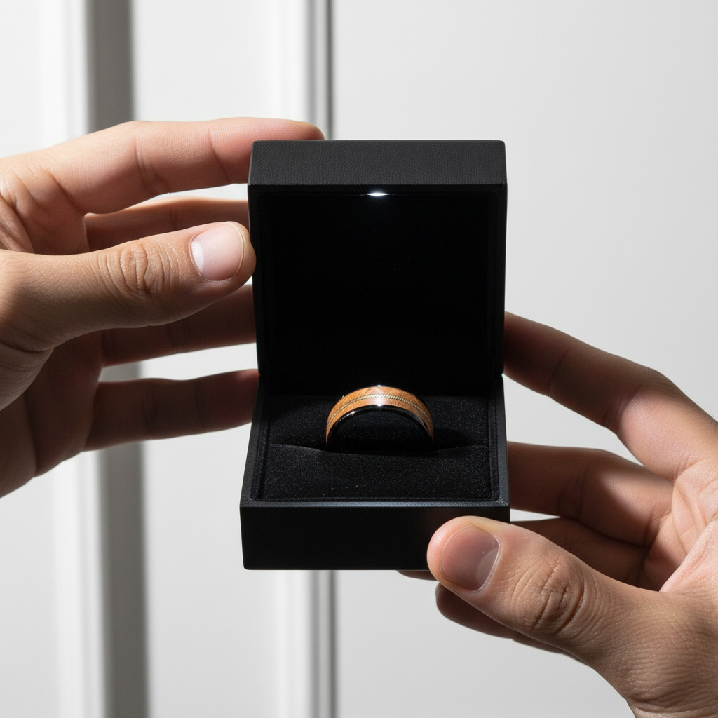 8mm Domed Tungsten Men's Wedding Band with Oak Wood Inlay-Black Diamonds New York