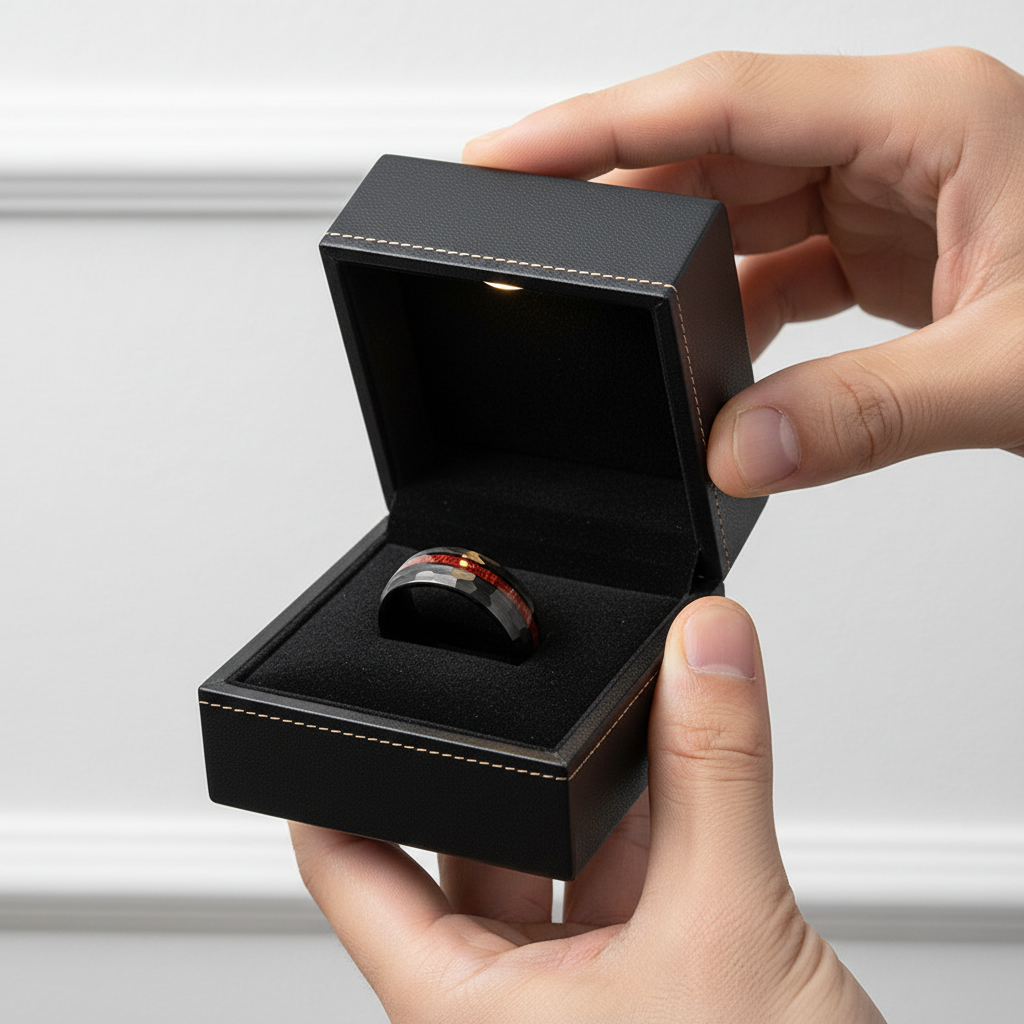 8mm Grooved Hammered Black Tungsten Carbide Men's Rings with Wood Inlay-Black Diamonds New York