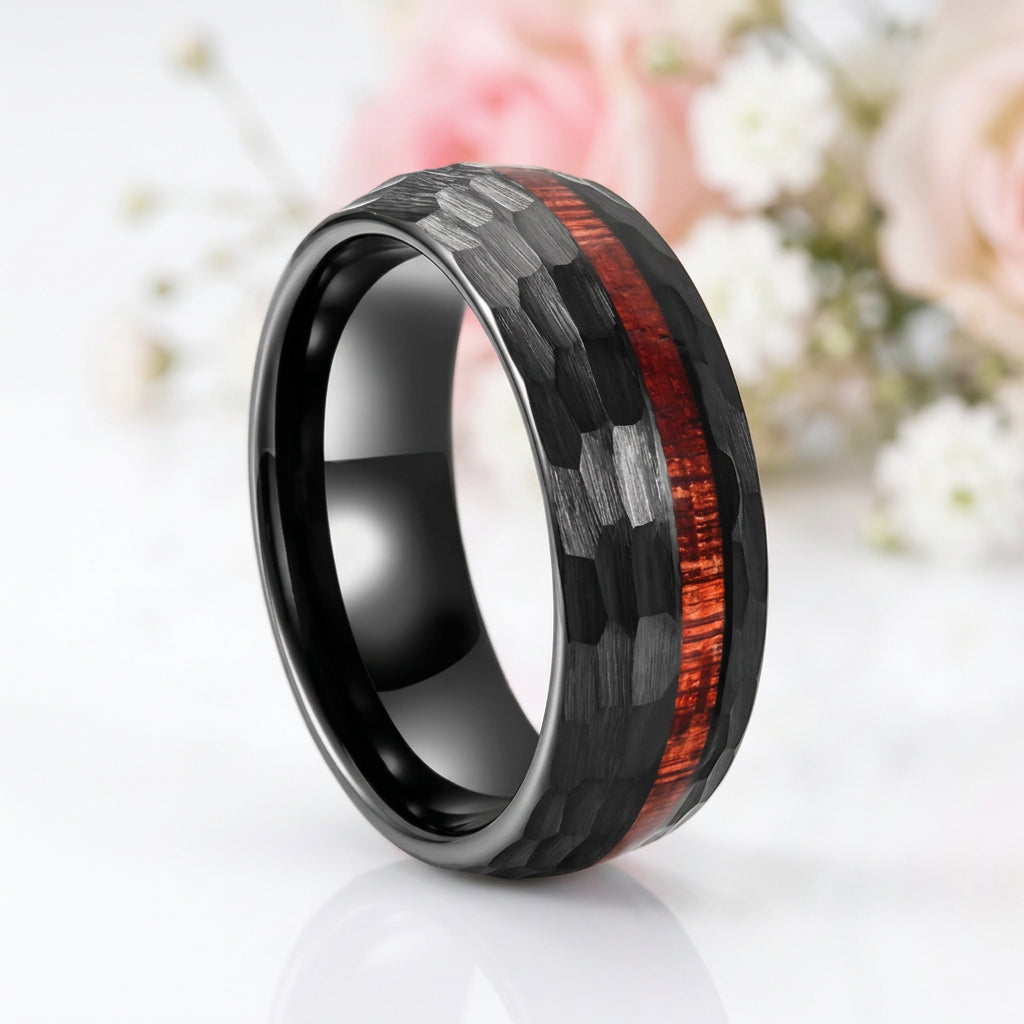 8mm Grooved Hammered Black Tungsten Carbide Men's Rings with Wood Inlay-Black Diamonds New York