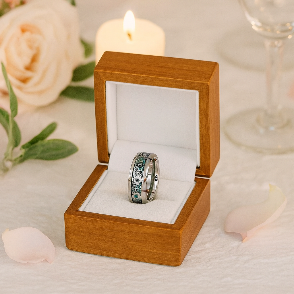 8mm Men's Tungsten Wedding Band with Gear Wheel Blue Carbon - Main Image