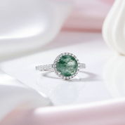 8mm Round Moss Agate Halo Engagement Ring-Black Diamonds New York