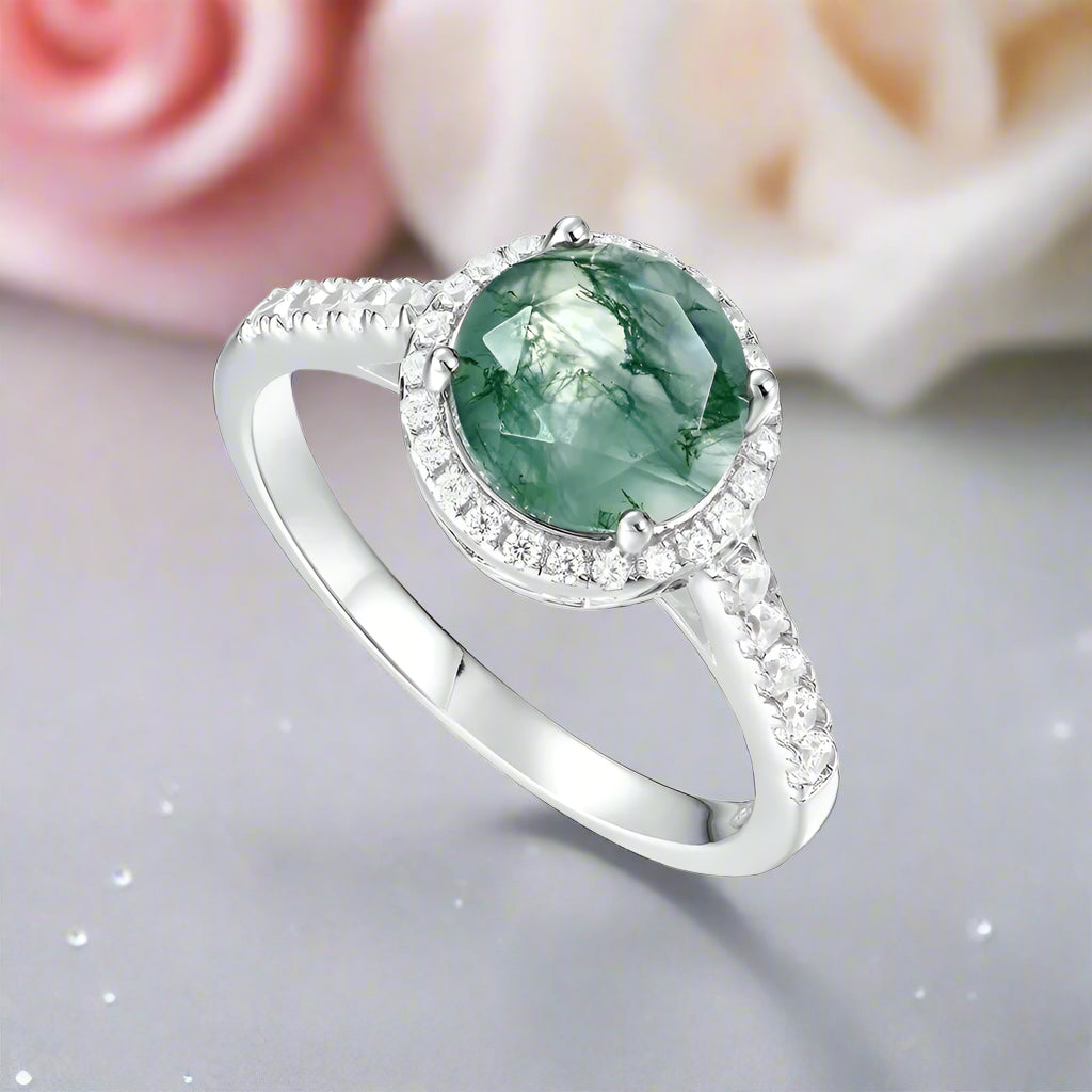 8mm Round Moss Agate Halo Engagement Ring-Black Diamonds New York