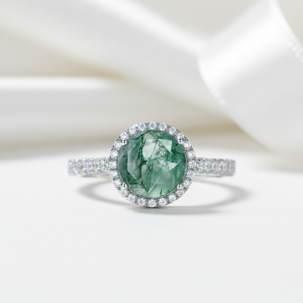 8mm Round Moss Agate Halo Engagement Ring-Black Diamonds New York