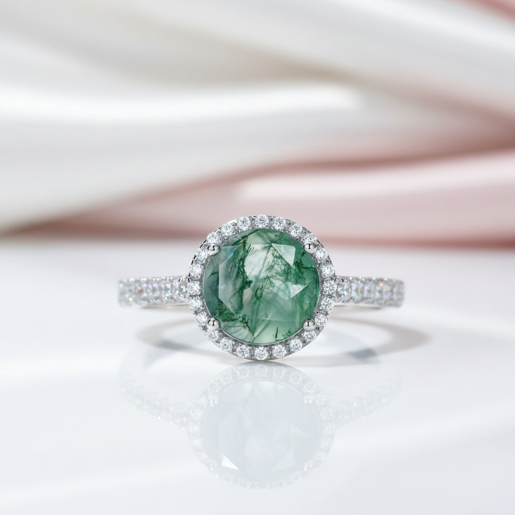 8mm Round Moss Agate Halo Engagement Ring-Black Diamonds New York