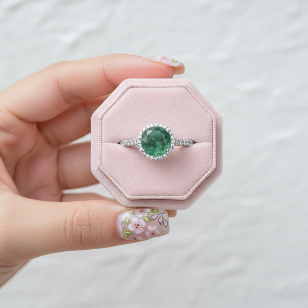 A hand with floral nail art holds a light pink octagonal ring box containing a silver ring with a round green gemstone surrounded by small clear stones, against a soft white textured background.