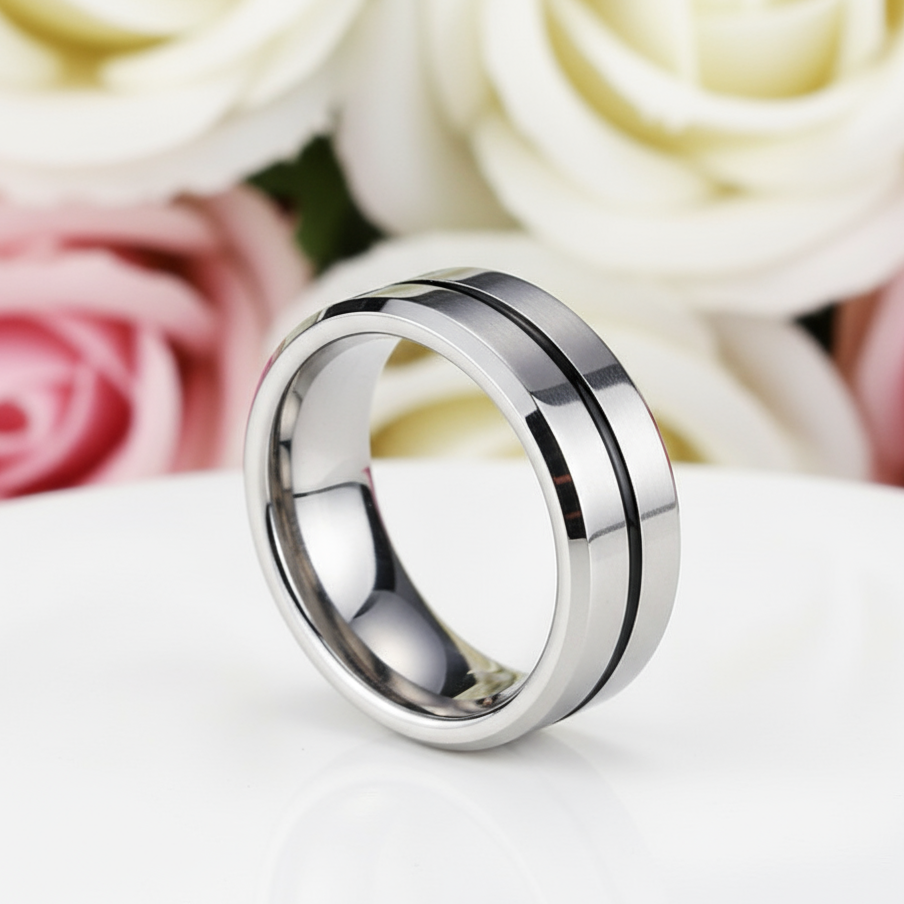 8mm Tungsten Carbide Thin Blue Line Men's Wedding Band-Black Diamonds New York