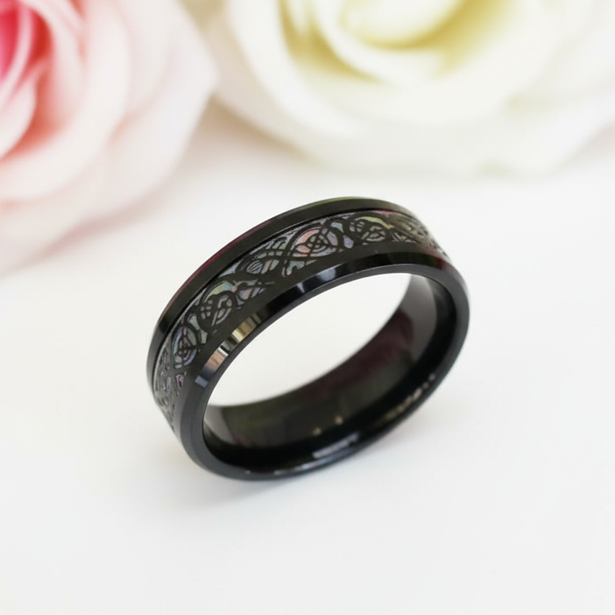 8mm Tungsten Wedding Band with Celtic Dragon Inlay-Black Diamonds New York