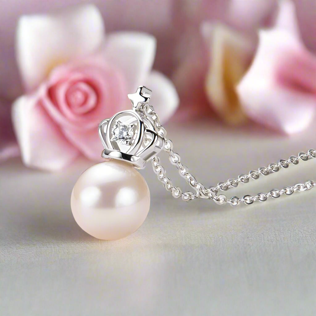 Freshwater Pearl Crown Pendant Necklace-Black Diamonds New York