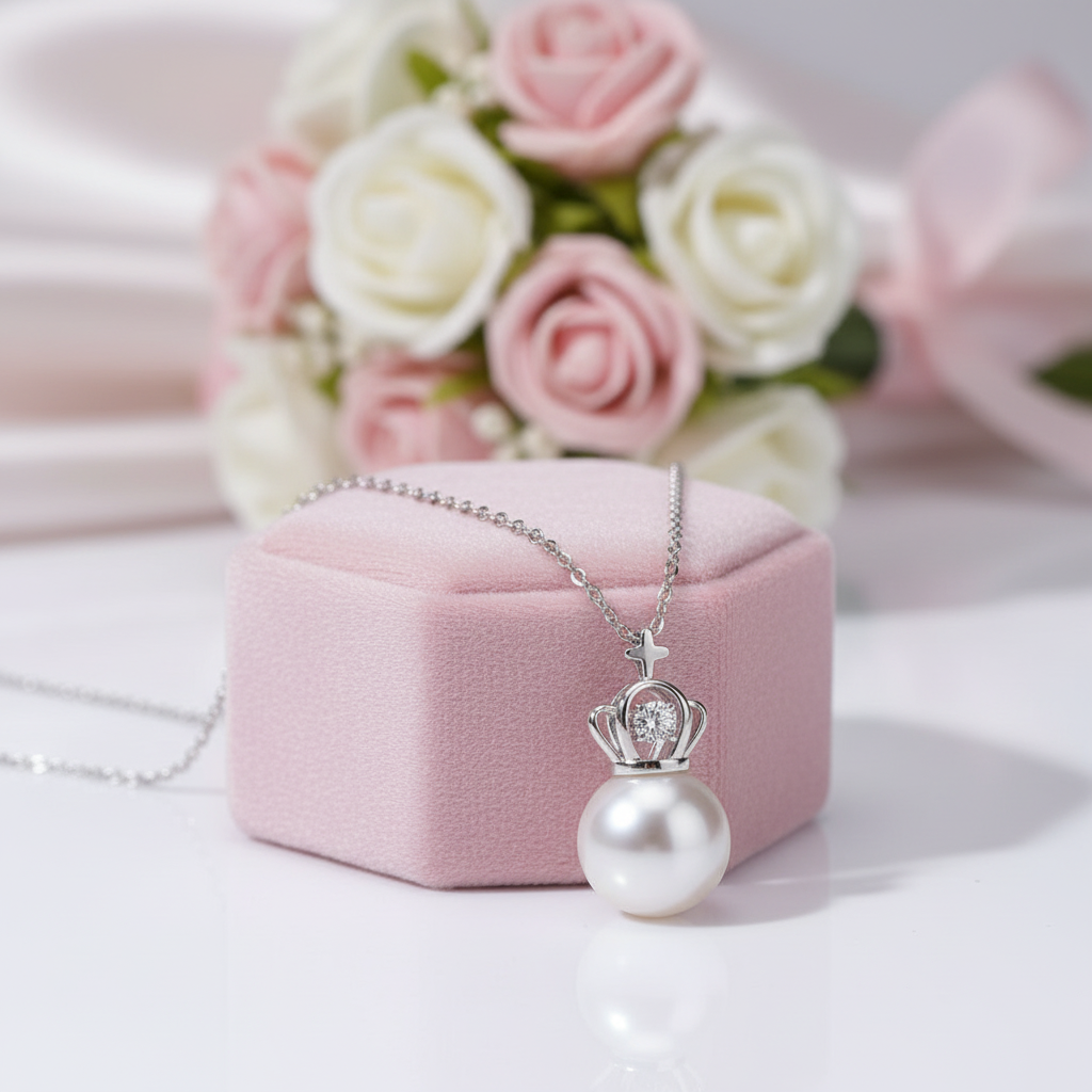 Freshwater Pearl Crown Pendant Necklace-Black Diamonds New York