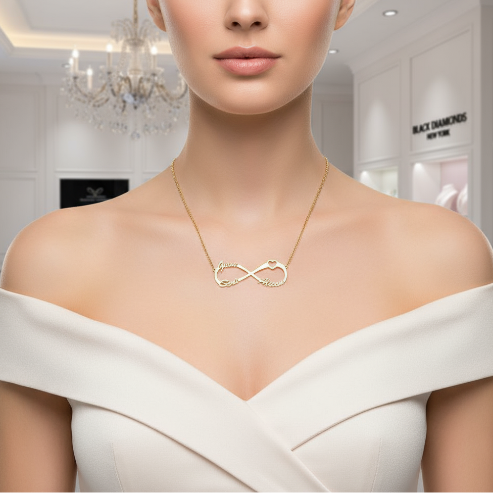 Custom Name Infinity Heart Pendant Necklace-Black Diamonds New York