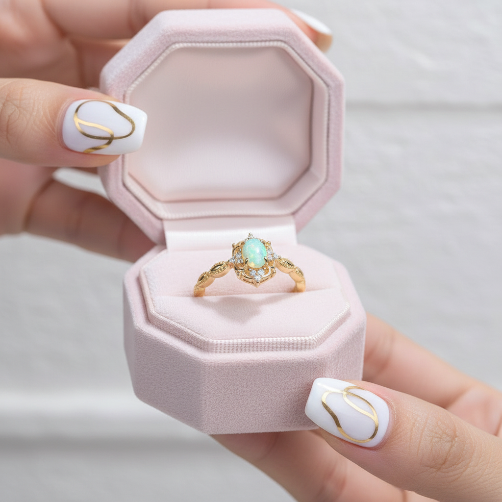 Oval Cut Opal Ring-Black Diamonds New York