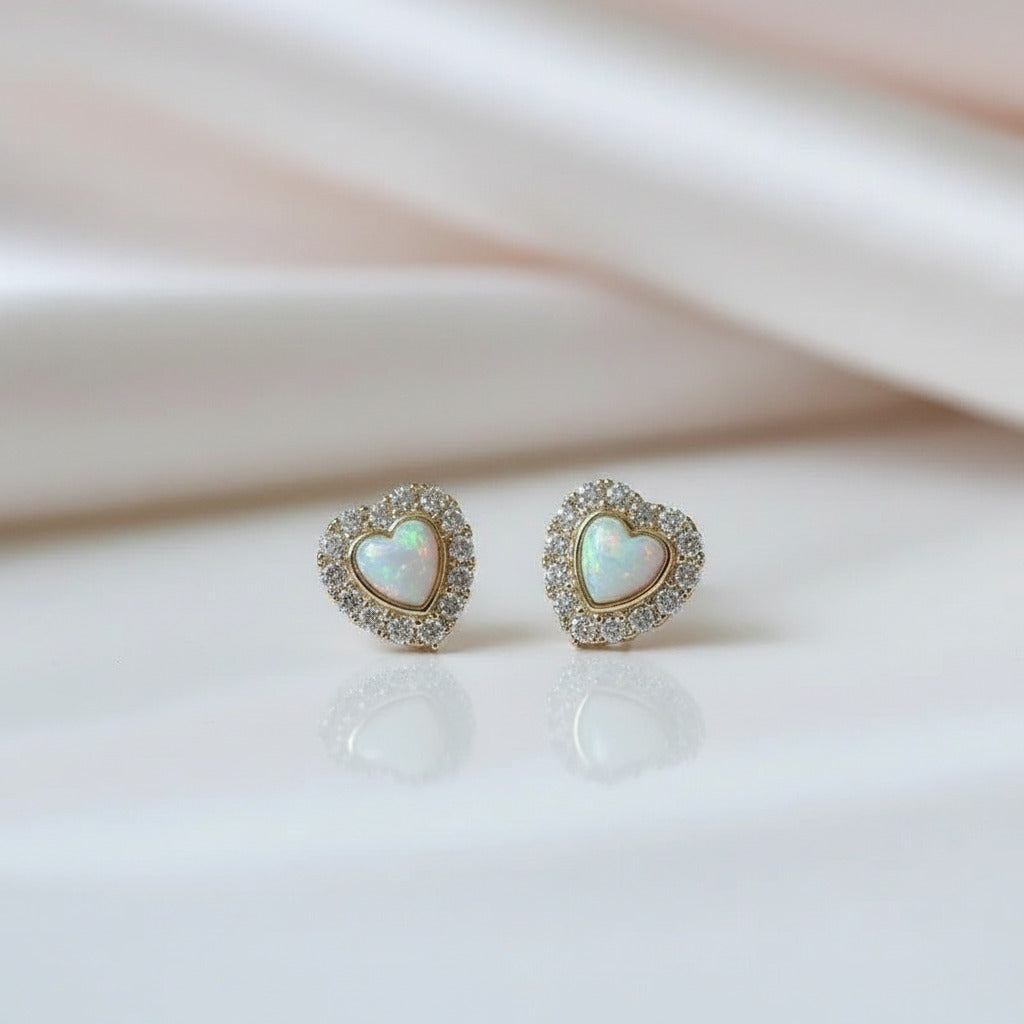 9k Yellow Gold Heart Shaped Opal Stud Earrings-Black Diamonds New York