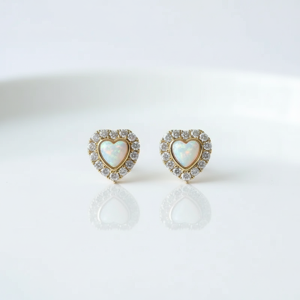 9k Yellow Gold Heart Shaped Opal Stud Earrings-Black Diamonds New York