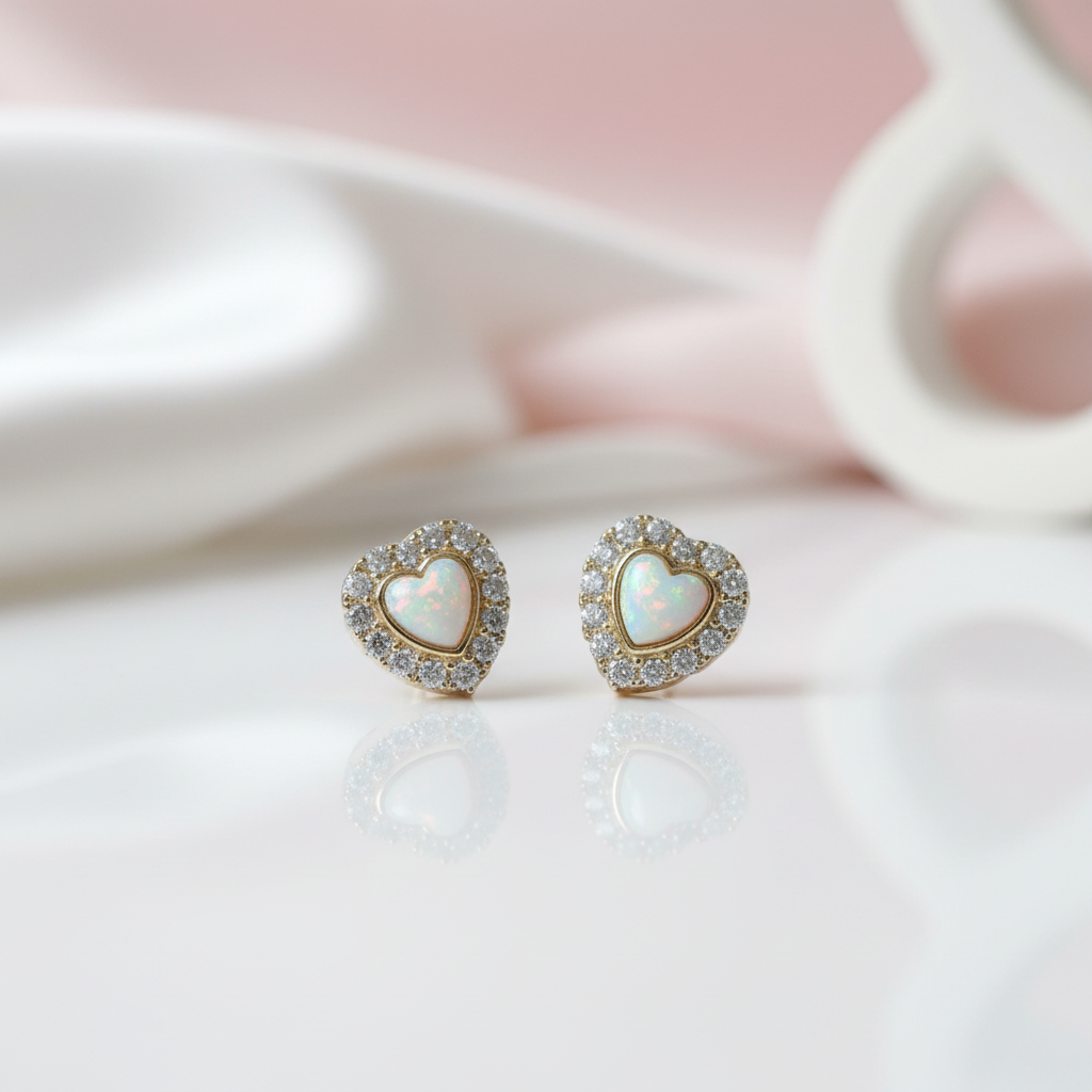 9k Yellow Gold Heart Shaped Opal Stud Earrings-Black Diamonds New York