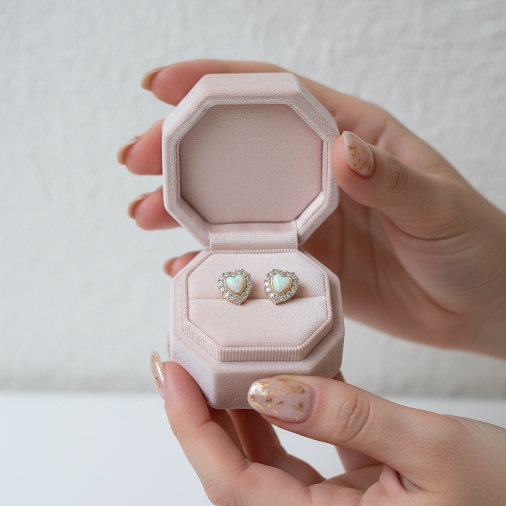 9k Yellow Gold Heart Shaped Opal Stud Earrings-Black Diamonds New York