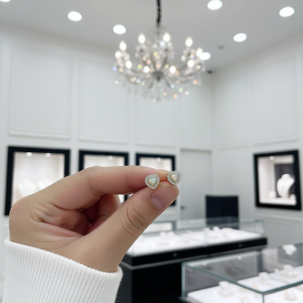 9k Yellow Gold Heart Shaped Opal Stud Earrings-Black Diamonds New York