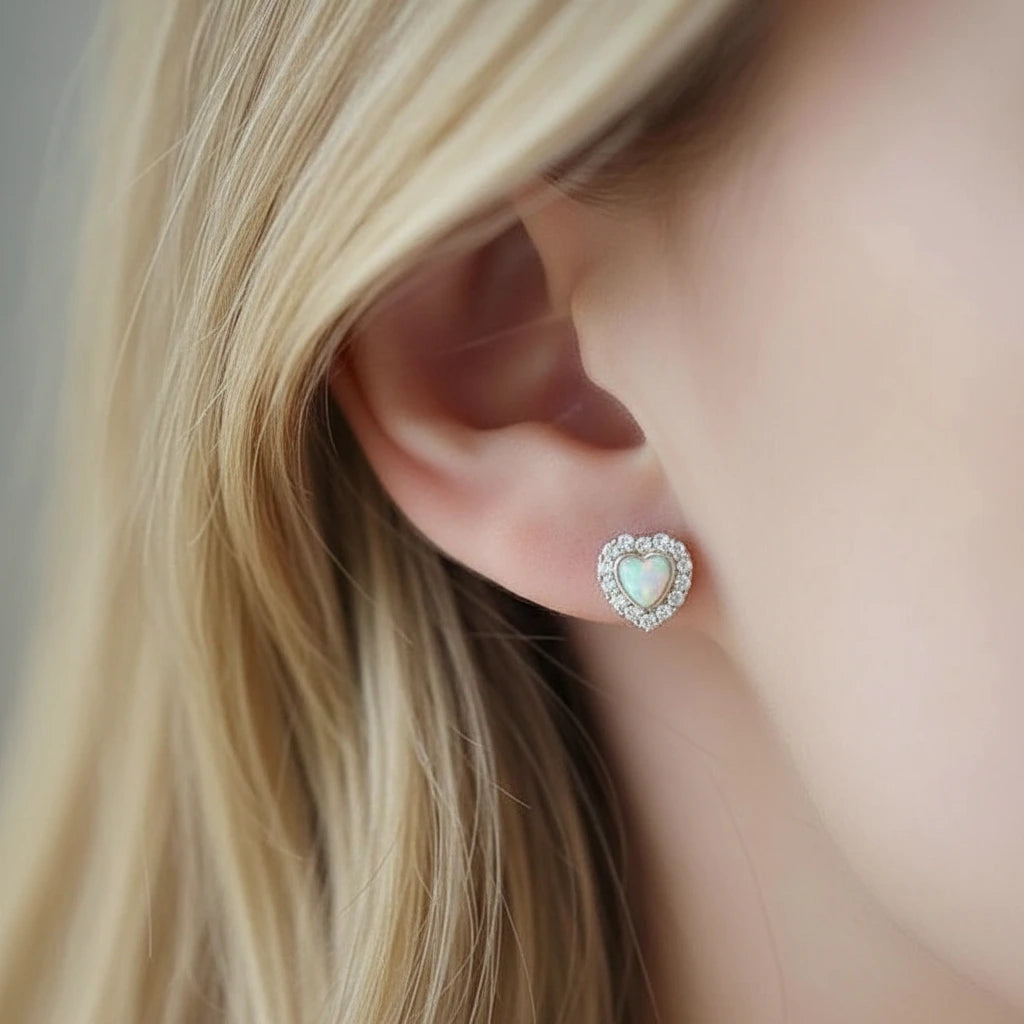 9k Yellow Gold Heart Shaped Opal Stud Earrings-Black Diamonds New York