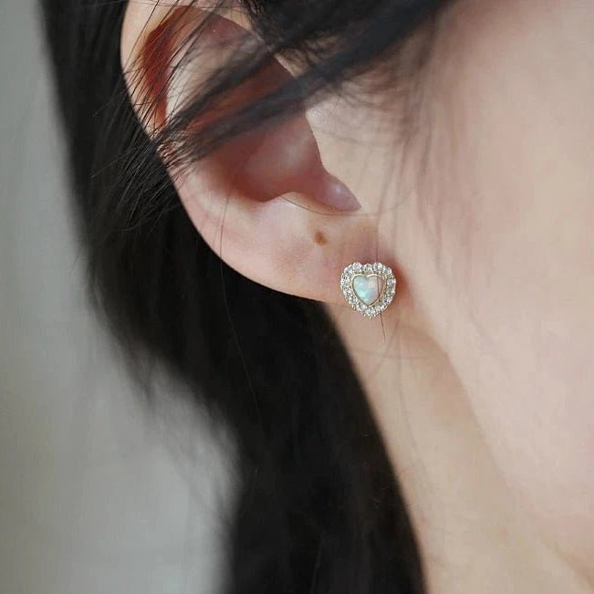 9k Yellow Gold Heart Shaped Opal Stud Earrings-Black Diamonds New York
