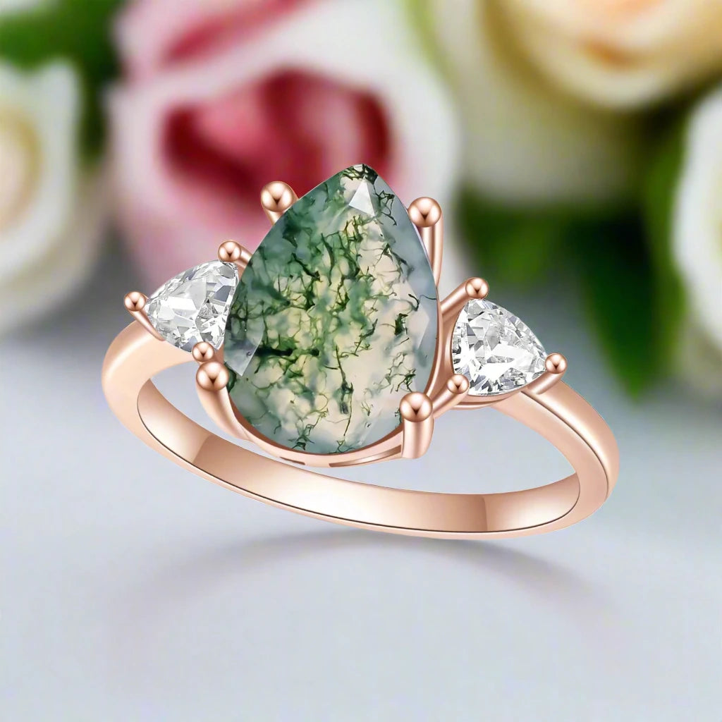 Unique Teardrop Natural Moss Agate Engagement Ring-Black Diamonds New York