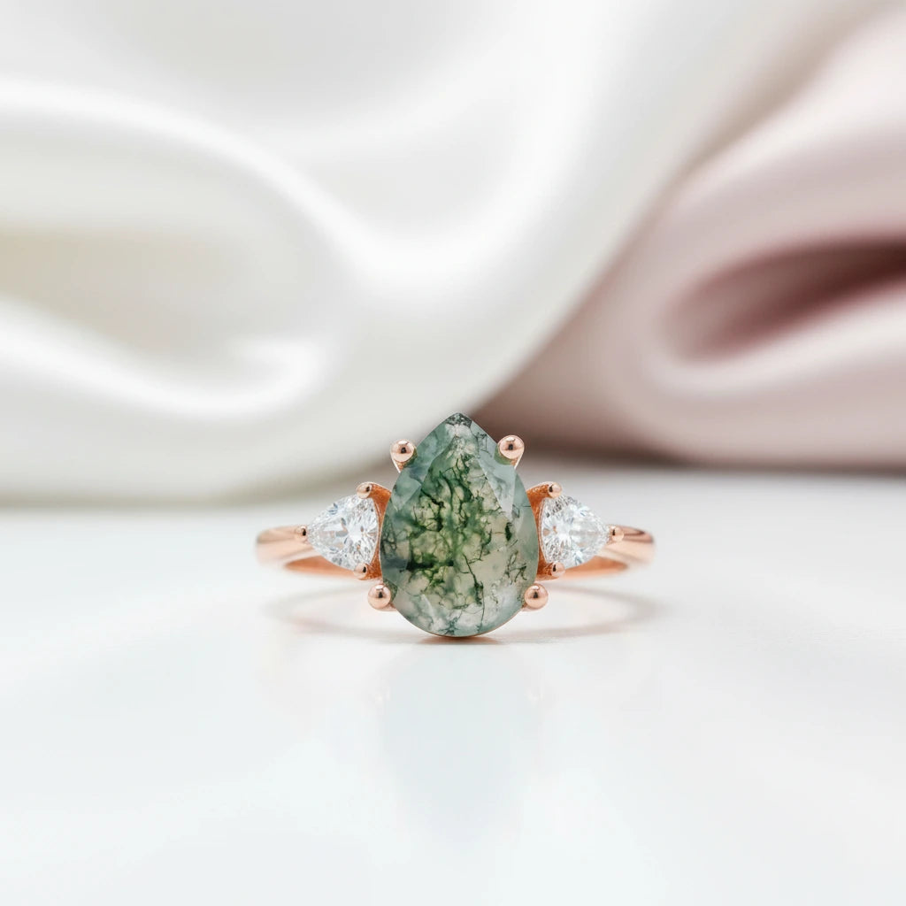 Unique Teardrop Natural Moss Agate Engagement Ring-Black Diamonds New York