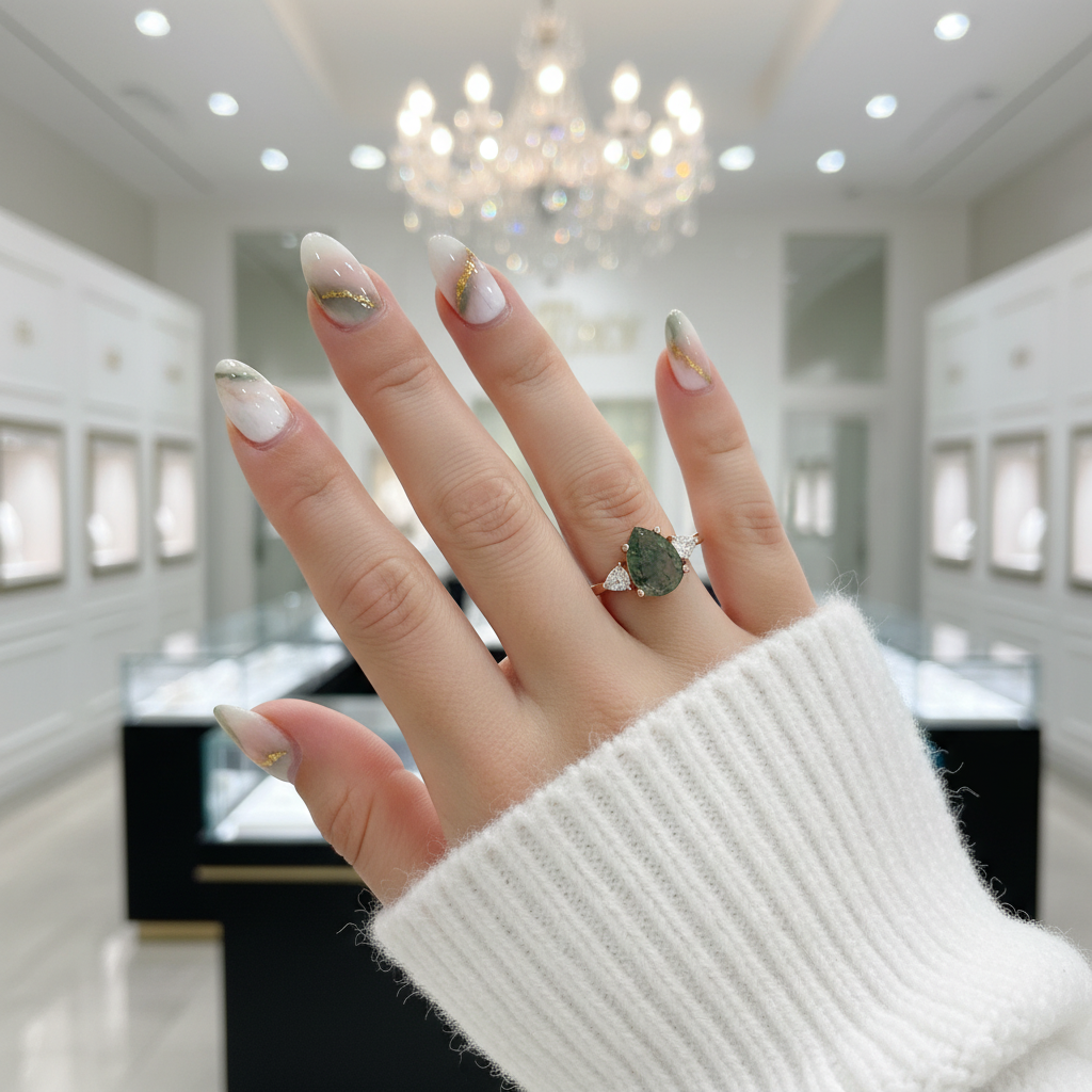 Unique Teardrop Natural Moss Agate Engagement Ring-Black Diamonds New York