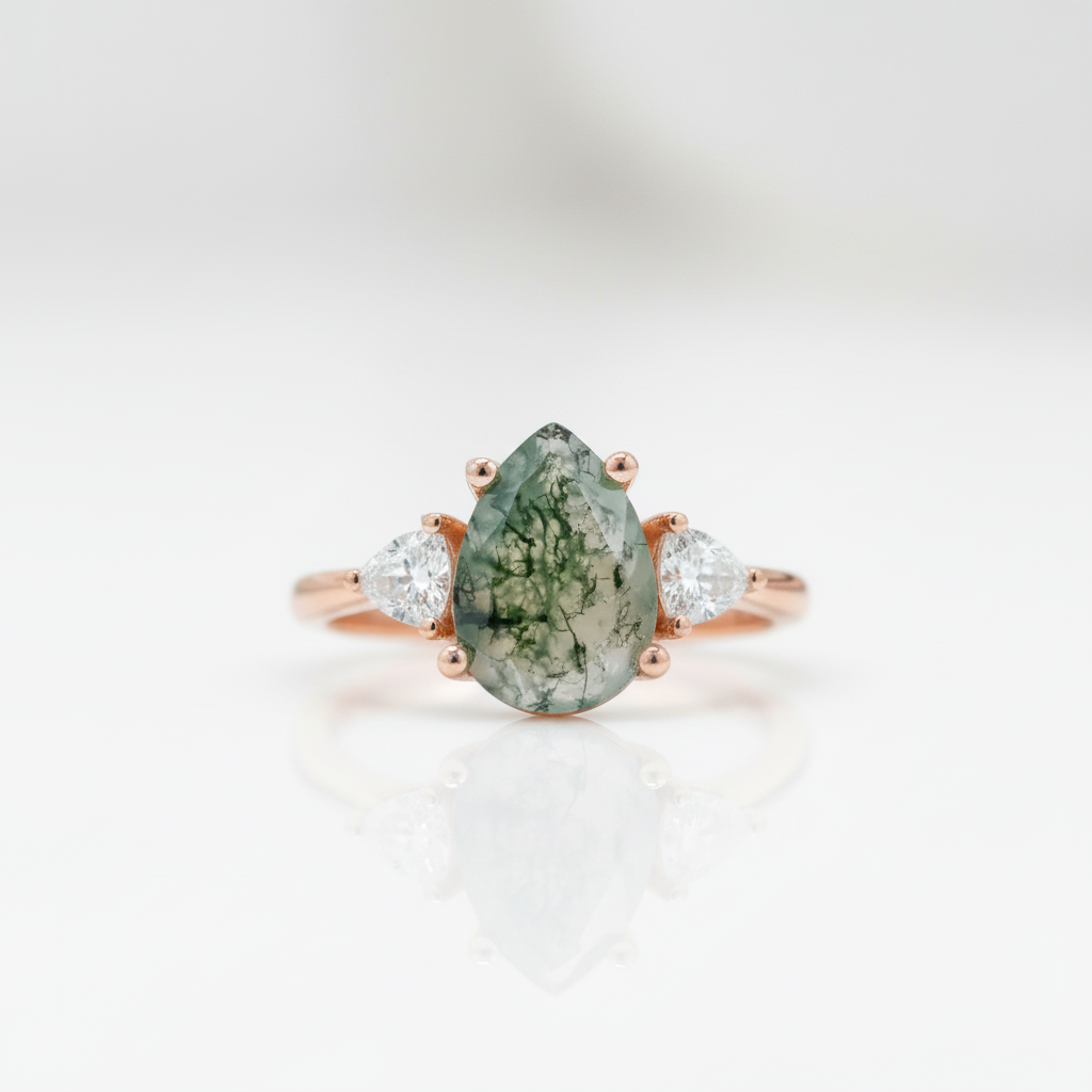 Unique Teardrop Natural Moss Agate Engagement Ring-Black Diamonds New York
