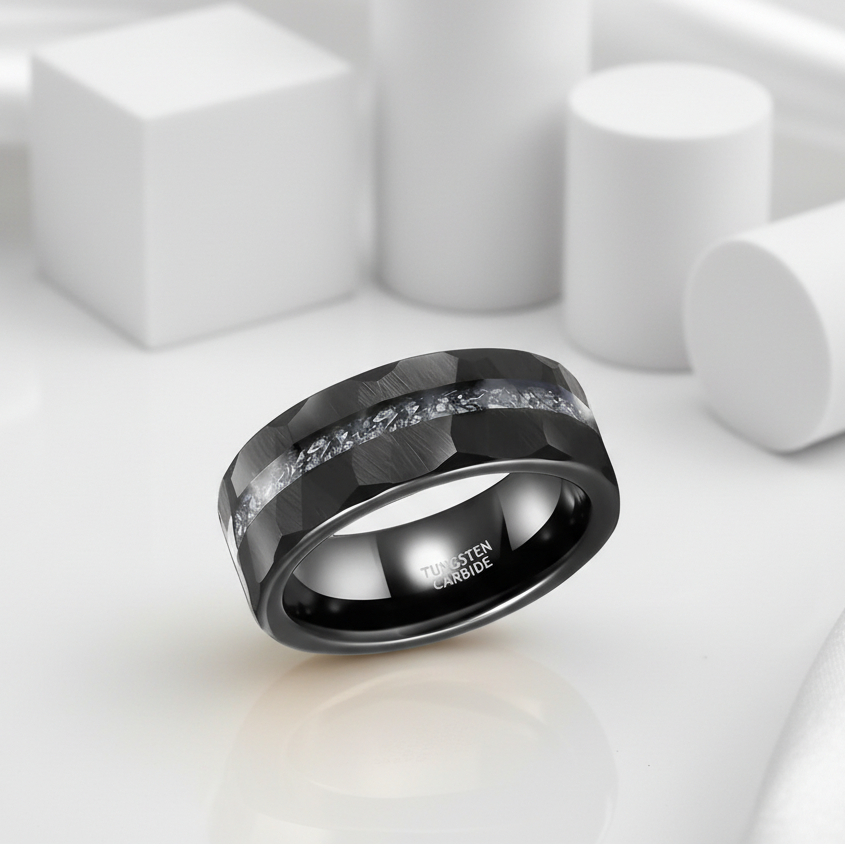 Aluminum Slag Inlay Hammered & Grooved Tungsten Carbide Ring-Black Diamonds New York