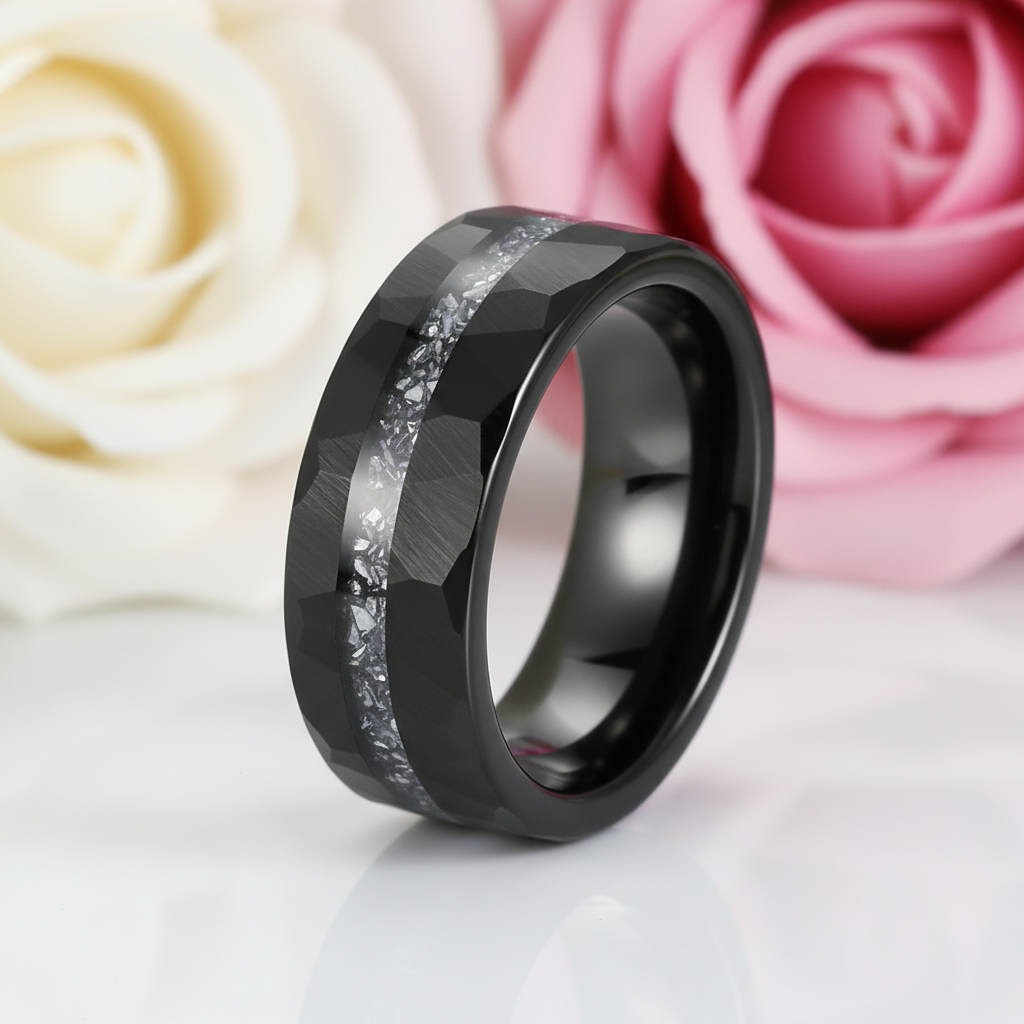 Aluminum Slag Inlay Hammered Grooved Tungsten Carbide Ring