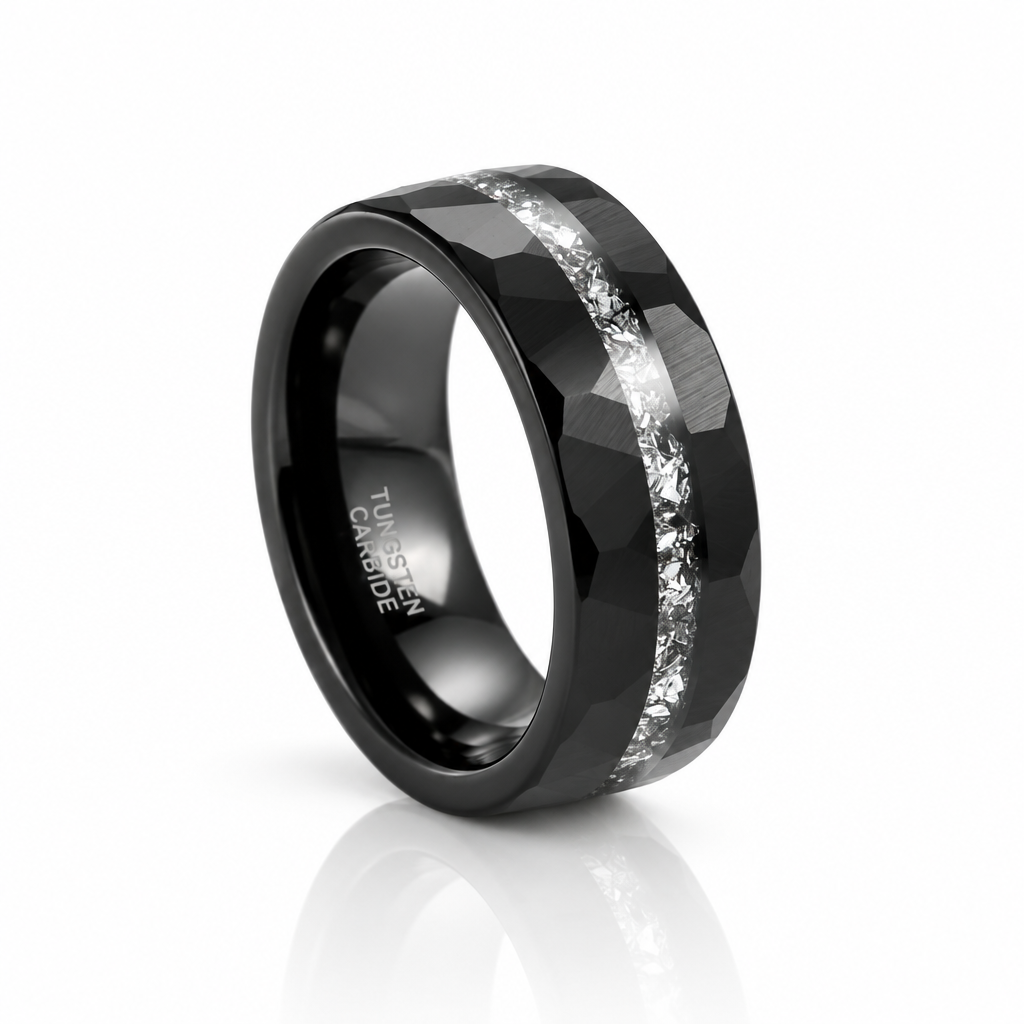 Aluminum Slag Inlay Hammered & Grooved Tungsten Carbide Ring-Black Diamonds New York